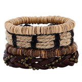 ZOSHI Fashion 4pcs 1 Set Punk Genuine Wrap Leather Bracelets Men For Women Charm Wood Beads Bracelets Cuff Jewelry Accessories