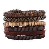 ZOSHI Fashion 4pcs 1 Set Punk Genuine Wrap Leather Bracelets Men For Women Charm Wood Beads Bracelets Cuff Jewelry Accessories